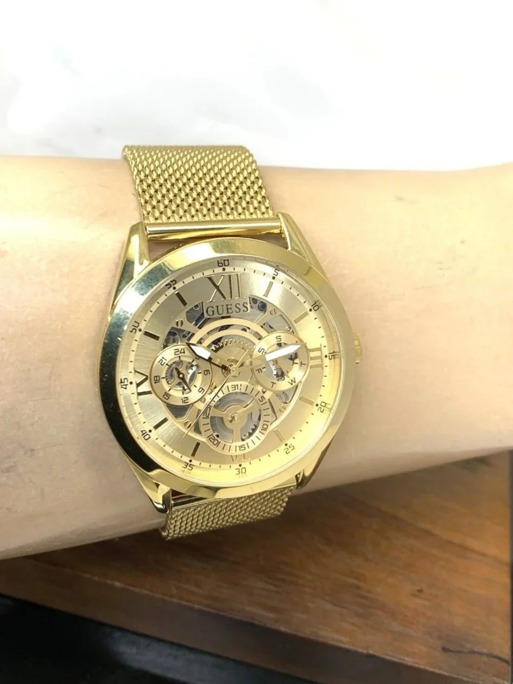 Guess Men's Watch GW0368G2 Quartz Gold Dial Mesh Stainless Steel 42mm